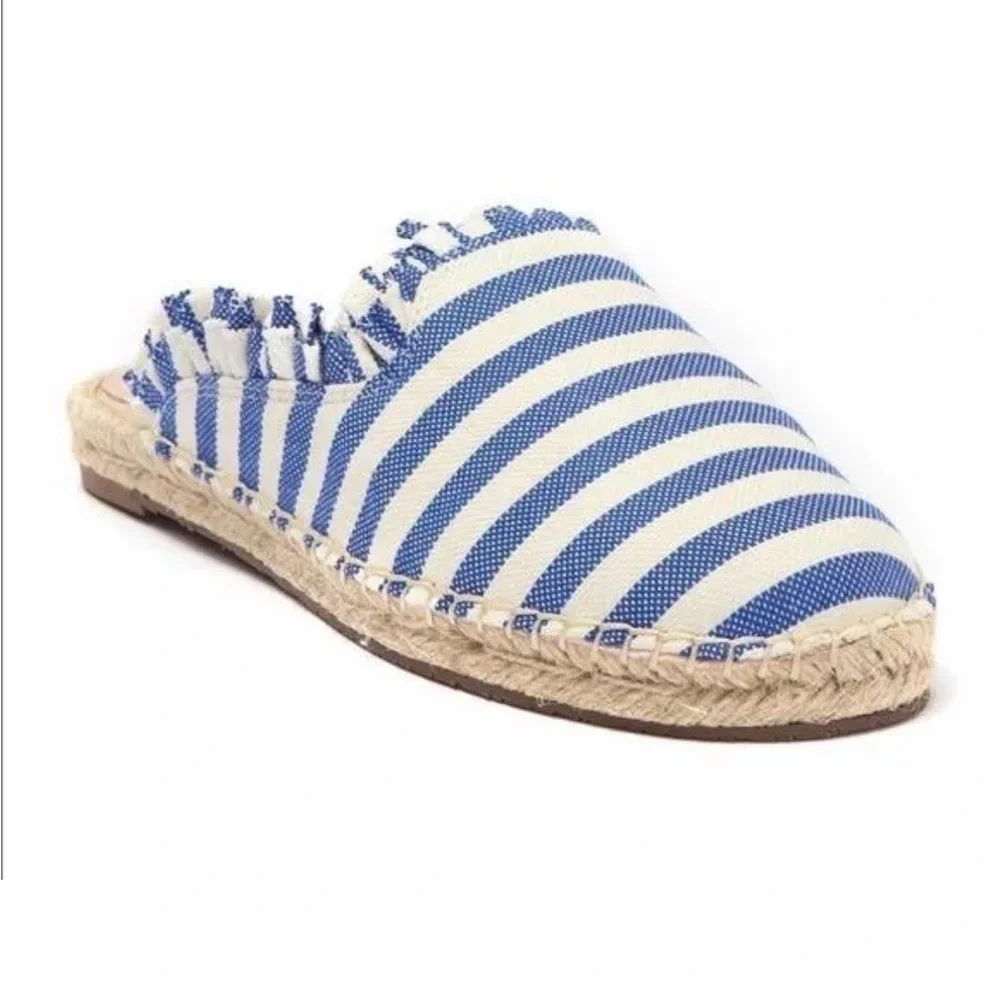 Kate Spade Laila Espadrille Blue White Striped Ruffle Mule Shoe Sz 9.5